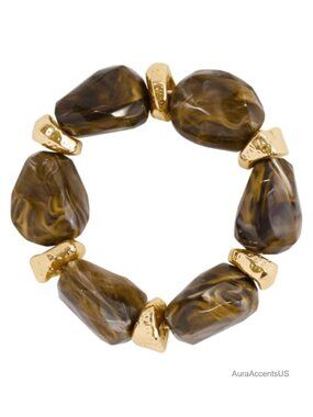 Resin Beaded Stretch Bracelet Hammered Metal Accent Boho Statement Stackable